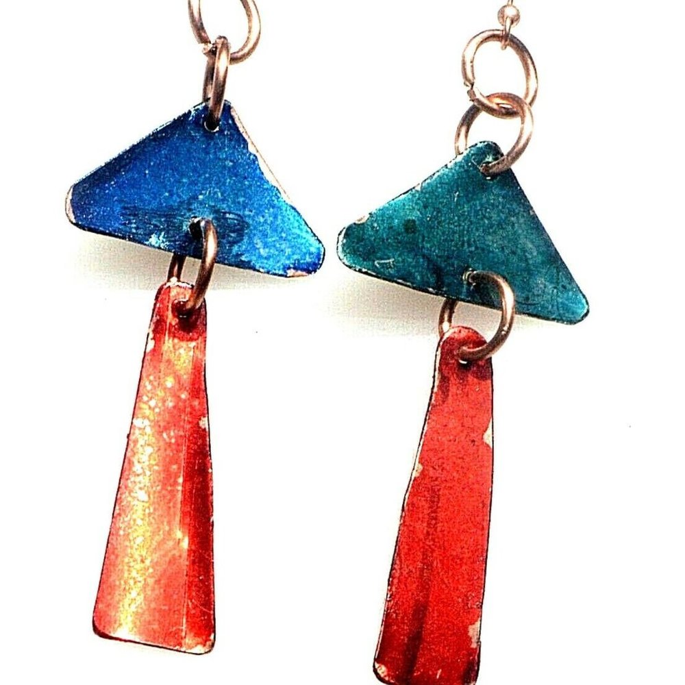 Modernist Geometric Blue Red Dangle Solid Pure Copper Earrings Bohemian Drop - Picture 1 of 5